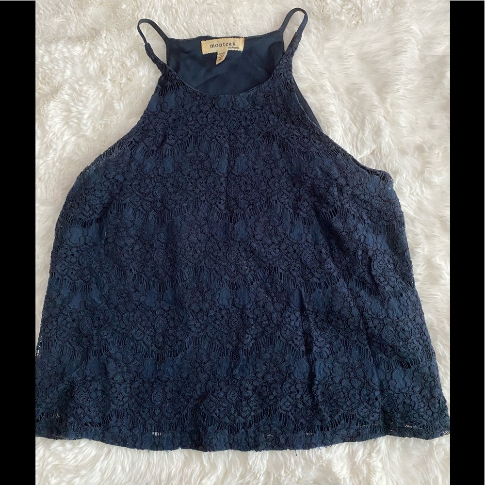 Navy Lace Cropped High Neck Tank Top